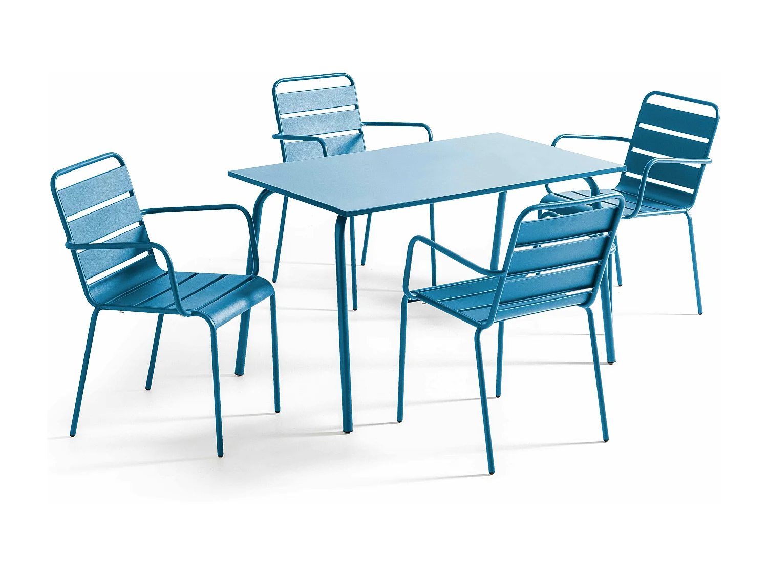 Ensemble table de jardin et 4 fauteuils en métal bleu pacific - Palavas