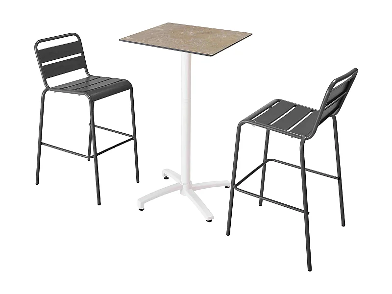 Ensemble table haute stratifié marbre beige et 2 chaises hautes gris