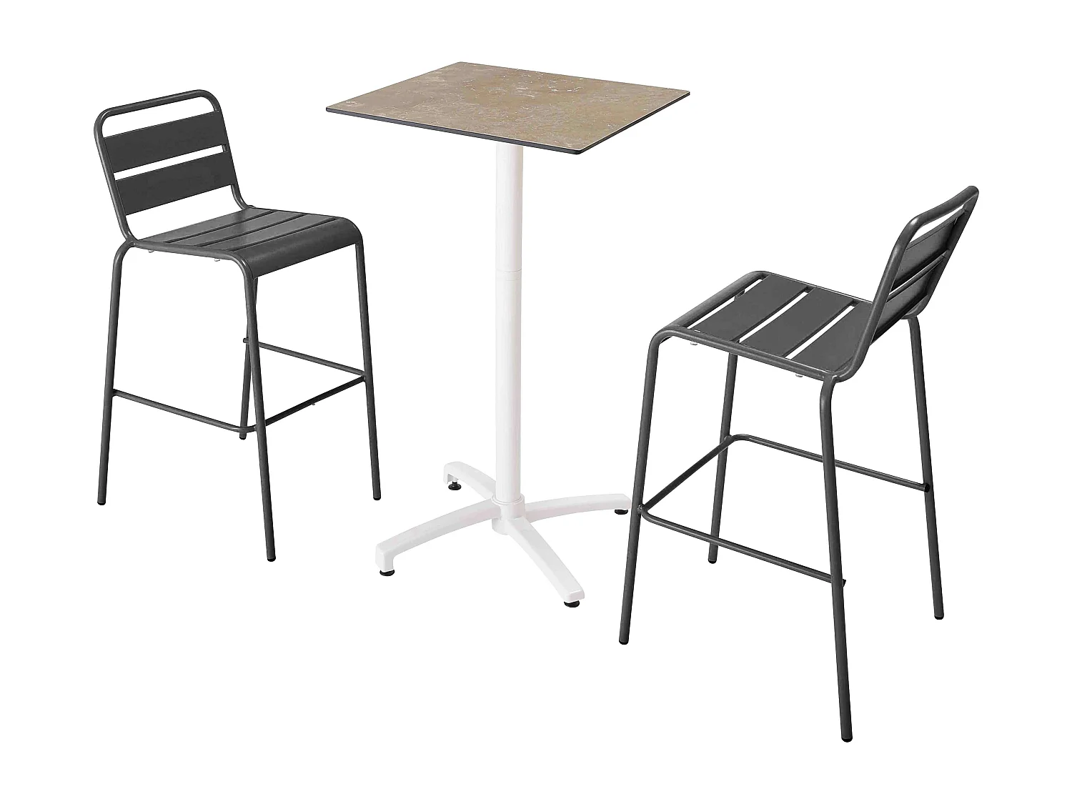 Ensemble table haute stratifié marbre beige et 2 chaises hautes gris