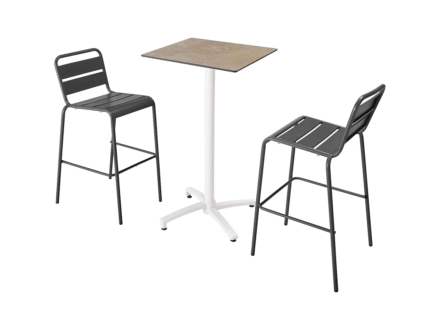 Ensemble table haute stratifié marbre beige et 2 chaises hautes gris