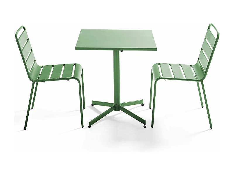Ensemble table de jardin carrée et 2 chaises métal vert cactus - Palavas