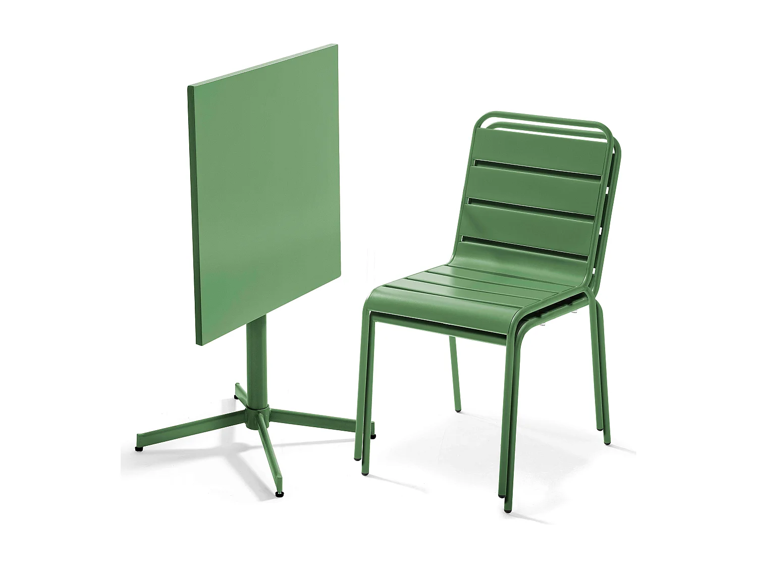 Set van een vierkante tuin tafel en 2 groene cactus stoelen