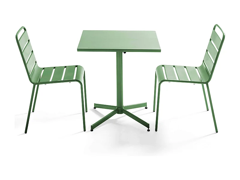 Set van een vierkante tuin tafel en 2 groene cactus stoelen