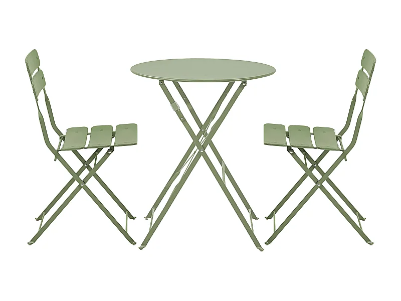 Ronde opvouwbare tuintafel en 2 lindegroene opvouwbare stoelen