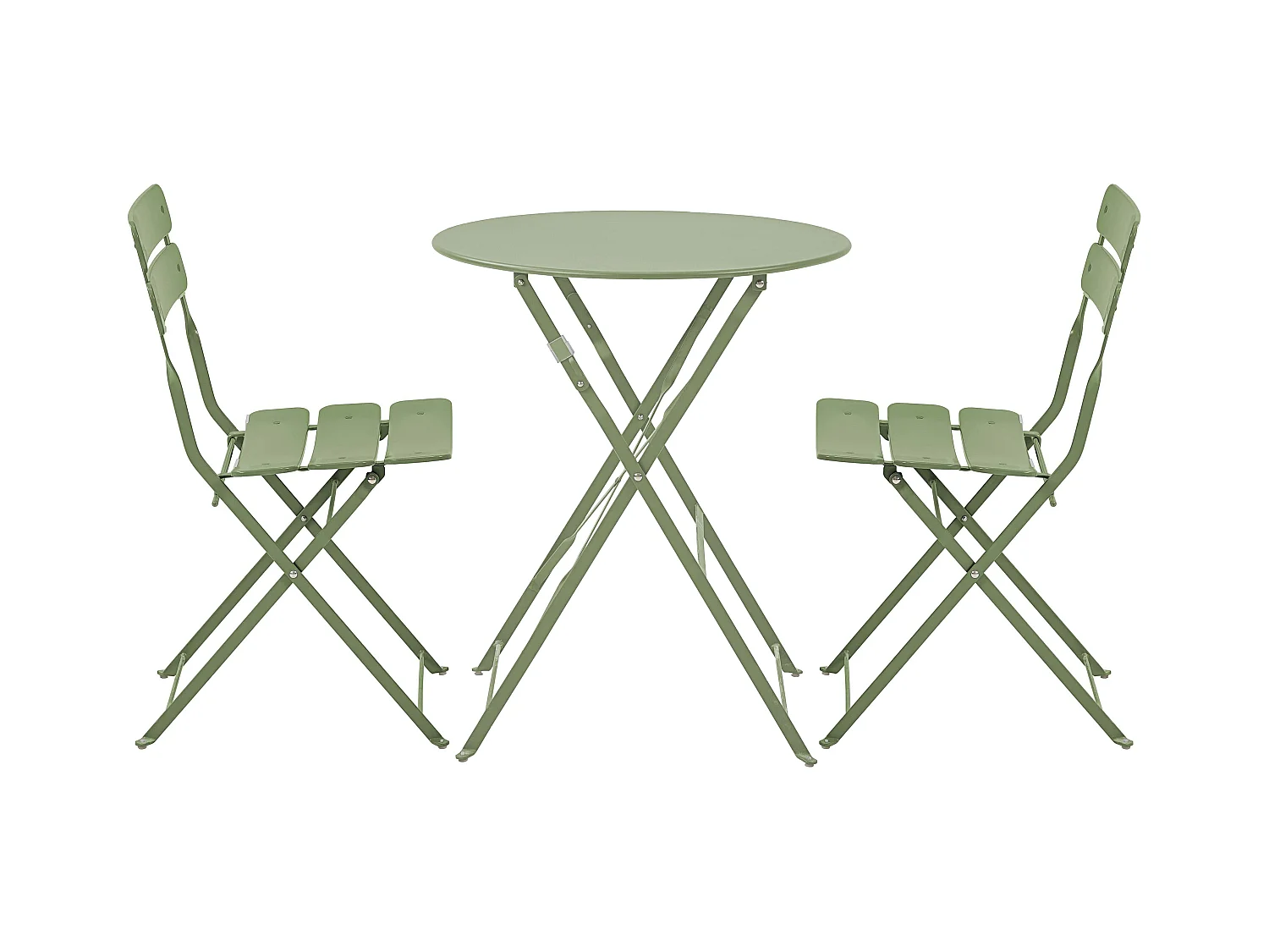 Ronde opvouwbare tuintafel en 2 lindegroene opvouwbare stoelen