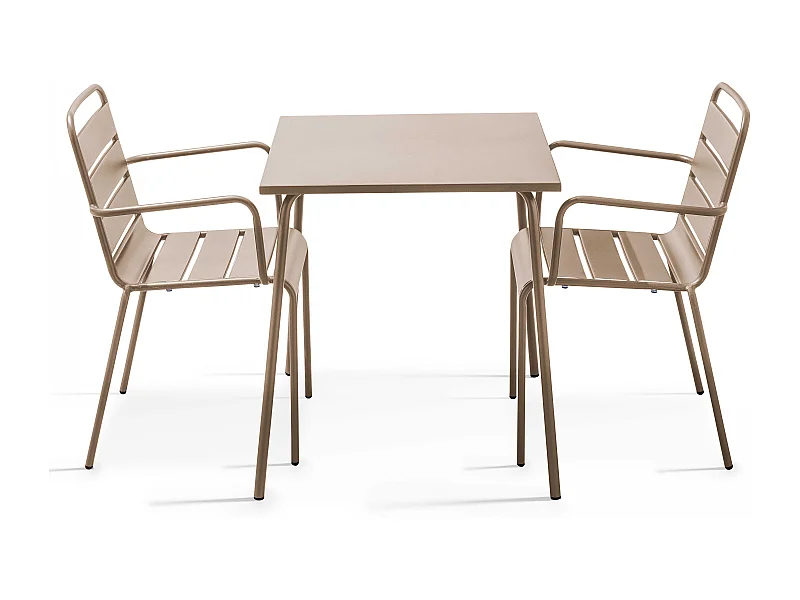 Set van een vierkante tuin tafel en 2 taupe stalen fauteuils