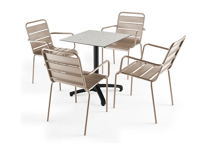 Ensemble table de terrasse stratifié terrazzo et 4 fauteuils taupe