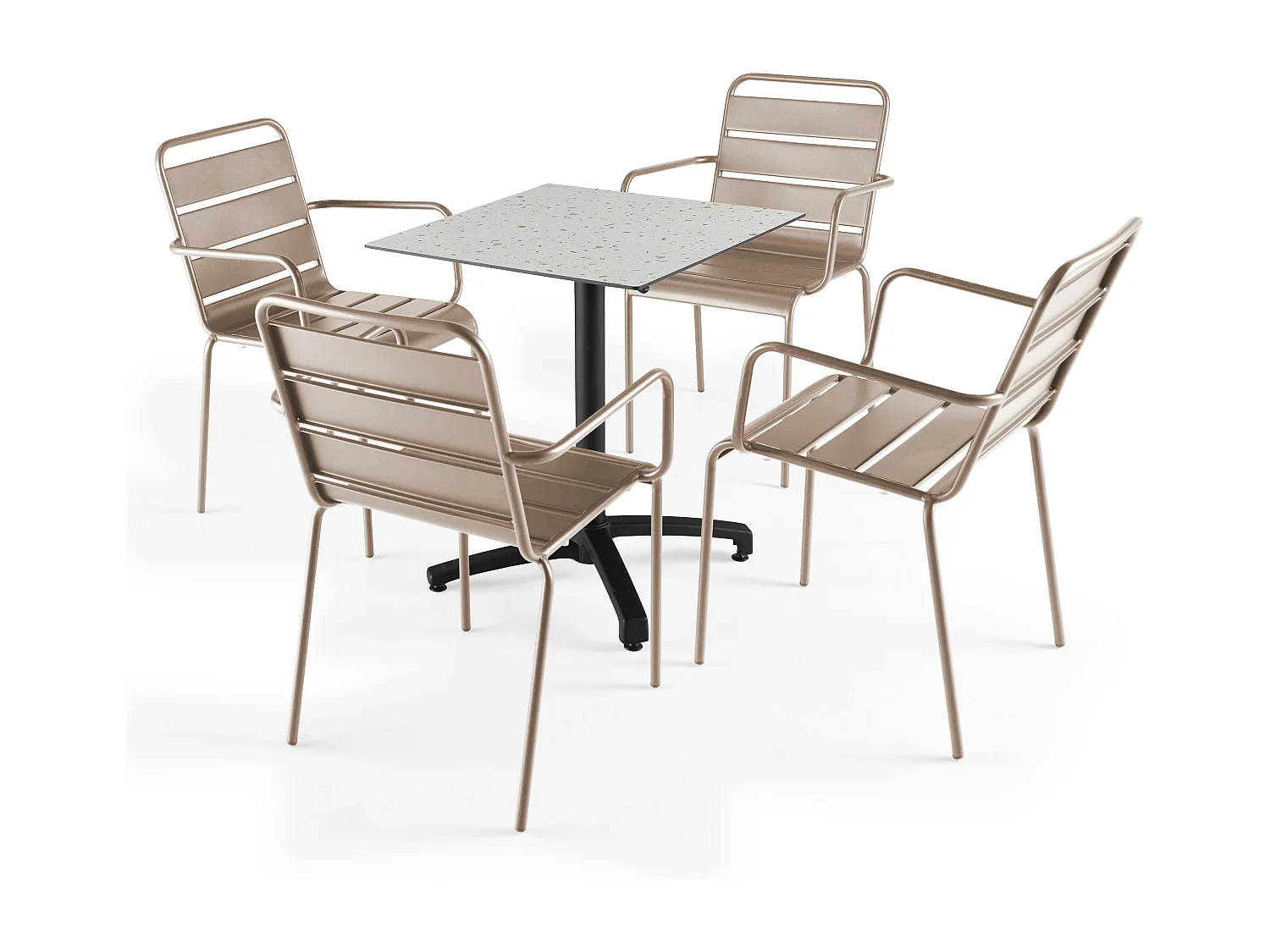 Ensemble table de terrasse stratifié terrazzo et 4 fauteuils taupe