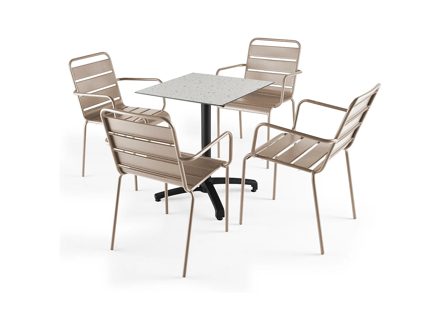 Ensemble table de terrasse stratifié terrazzo et 4 fauteuils taupe