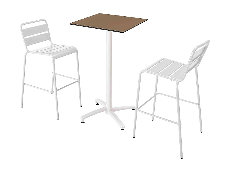 Een hoog taupe gelamineerd tafelblad en 2 hoge witte stoelen