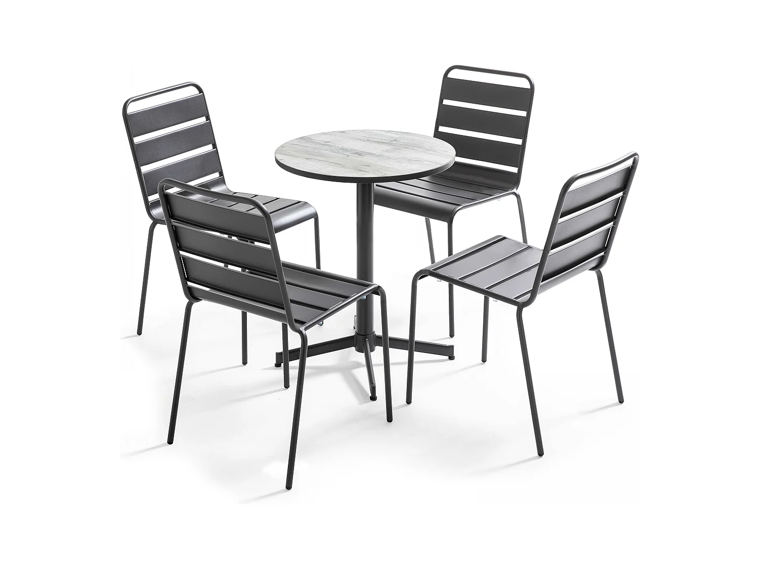 Tuinset ronde tafel en 4 grijze stoelen