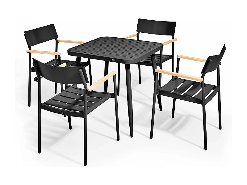 Ensemble table de jardin et 4 fauteuils en aluminium/bois noir