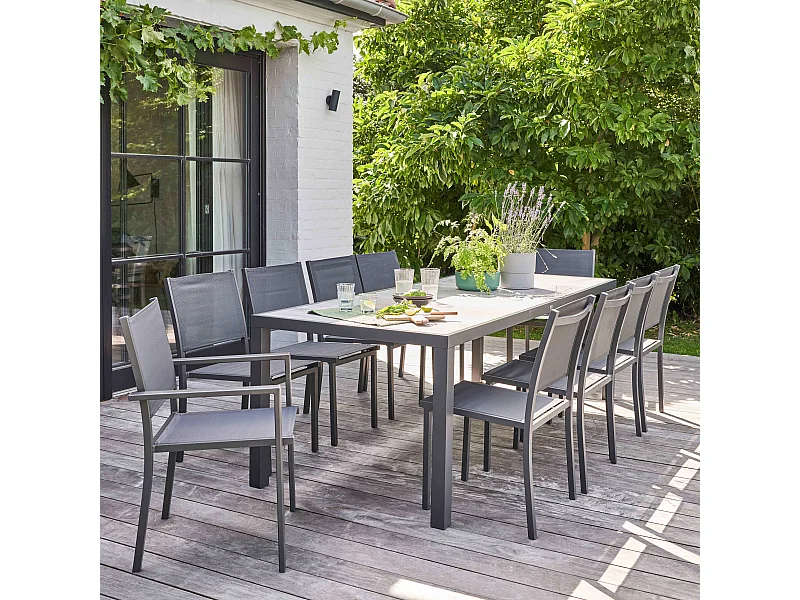 Salon de jardin 10 places en aluminium et céramique effet bois grisé  - Tivoli