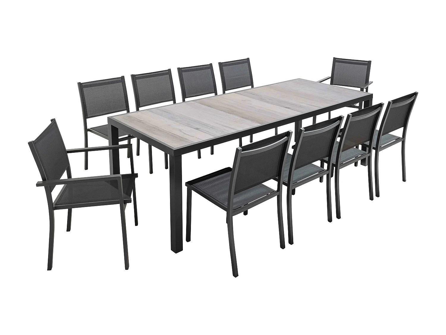 Salon de jardin 10 places en aluminium et céramique effet bois grisé  - Tivoli