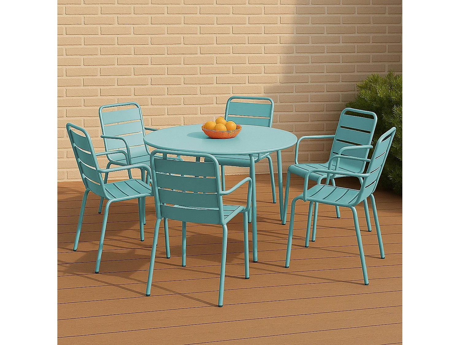 Ensemble table de jardin ronde et 6 fauteuils acier turquoise - Palavas