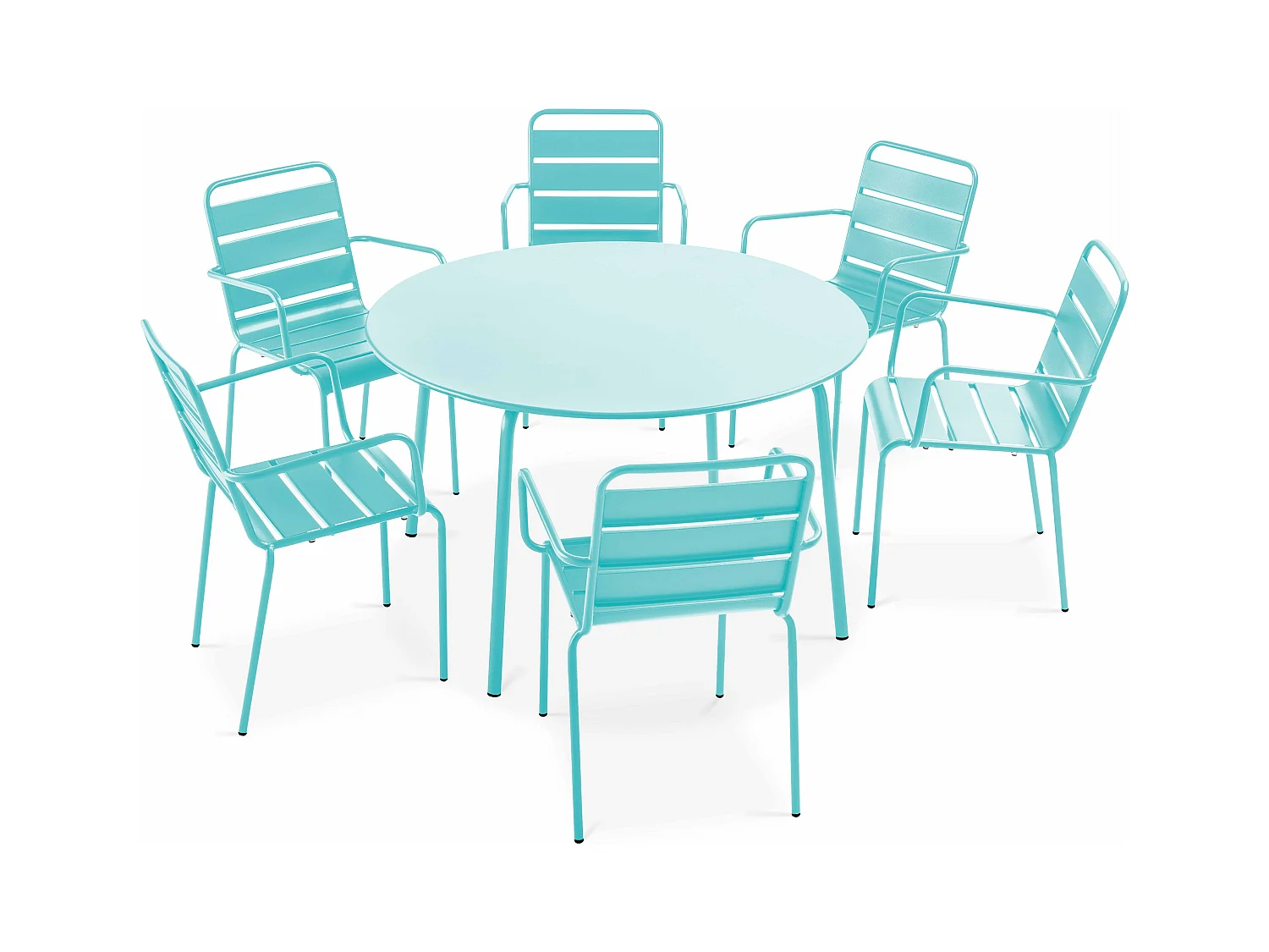 Ensemble table de jardin ronde et 6 fauteuils acier turquoise - Palavas