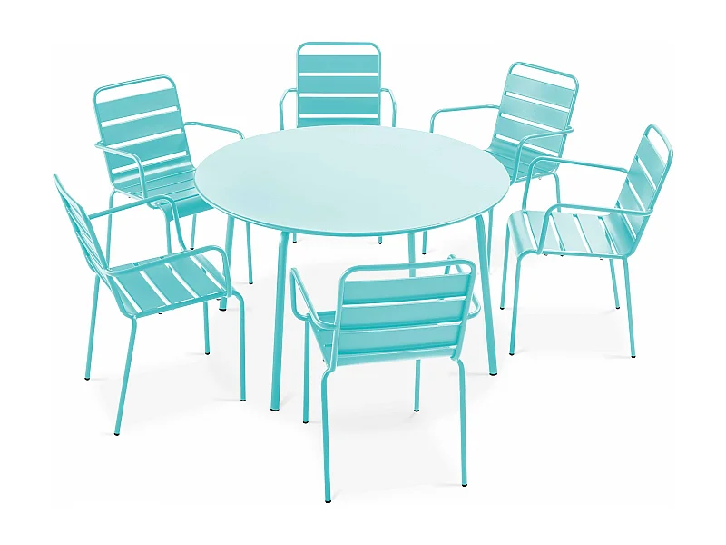Ensemble table de jardin ronde et 6 fauteuils acier turquoise - Palavas