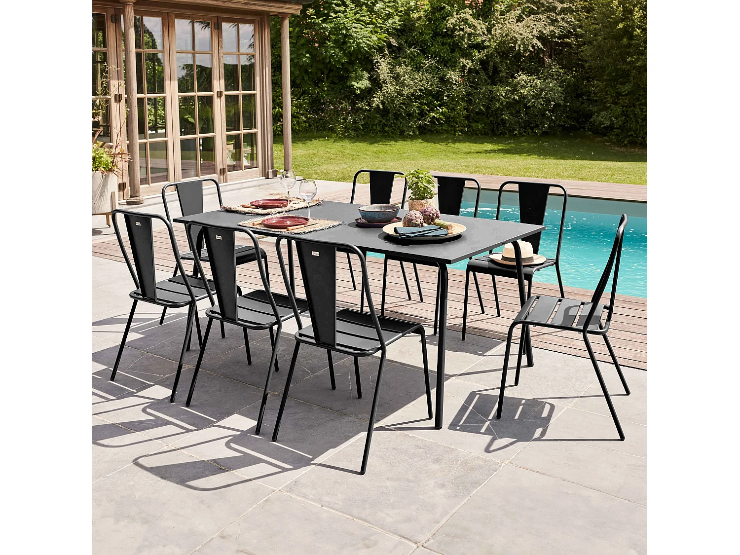 Ensemble table de jardin et 8 chaises bistrot en acier gris - Palavas