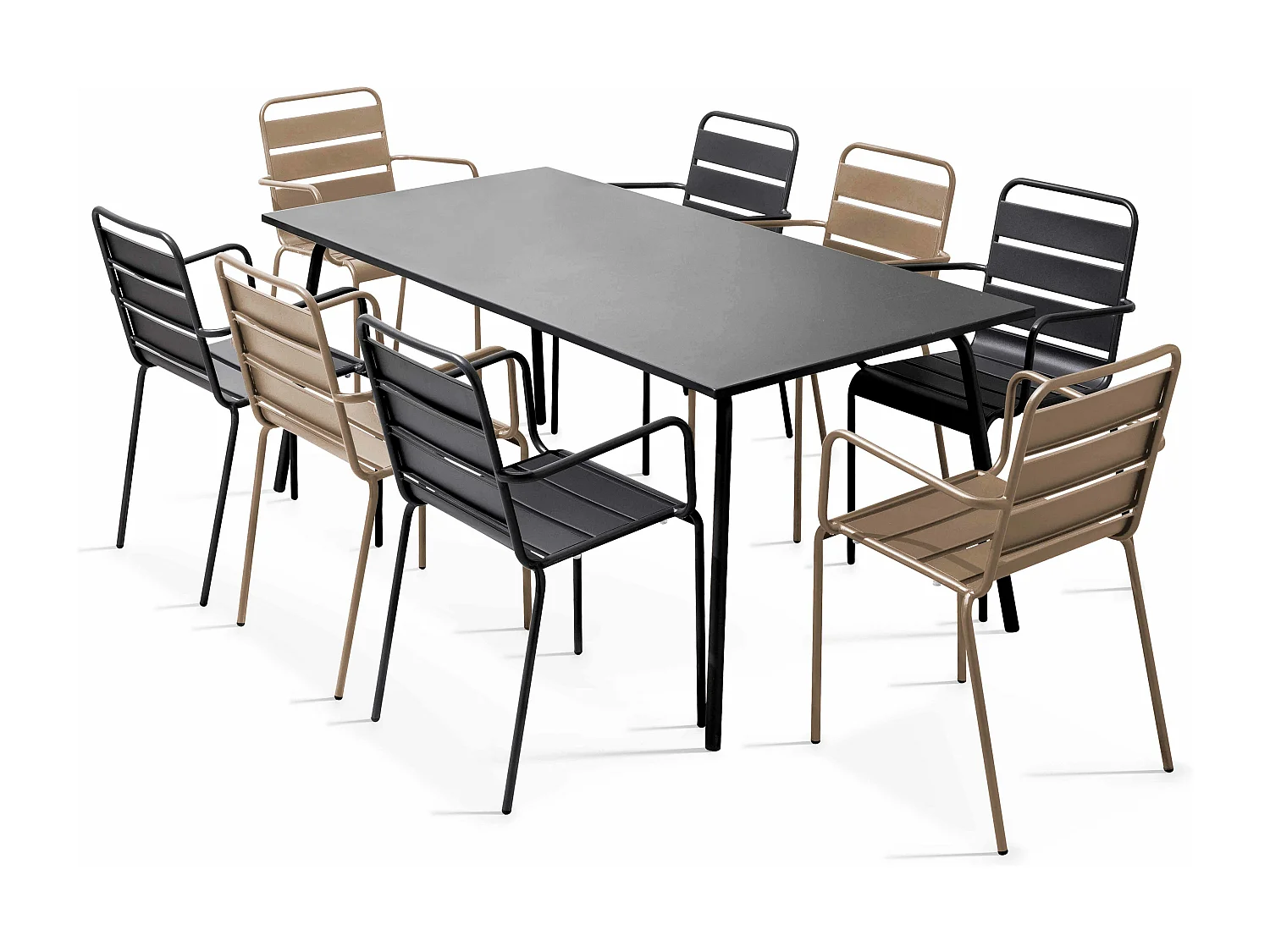 Tuinset met tafel en 8 fauteuils in taupe en grijs metaal