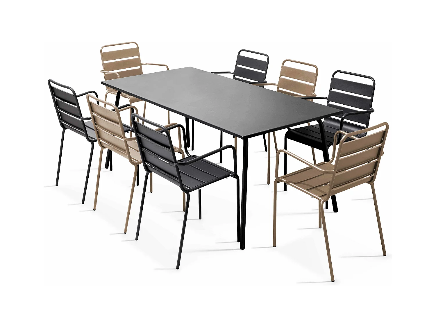 Ensemble table de jardin et 8 fauteuils en métal taupe et gris - Palavas