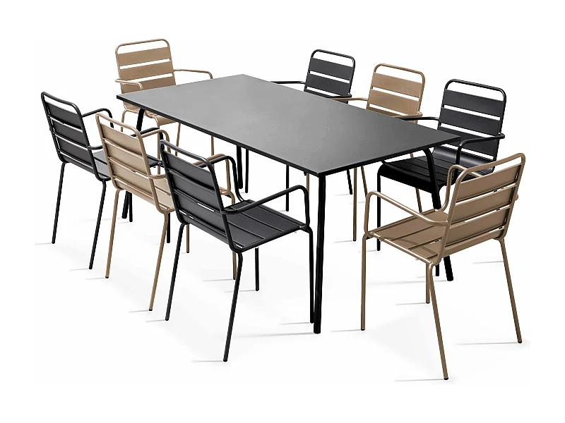 Ensemble table de jardin et 8 fauteuils en métal taupe et gris - Palavas