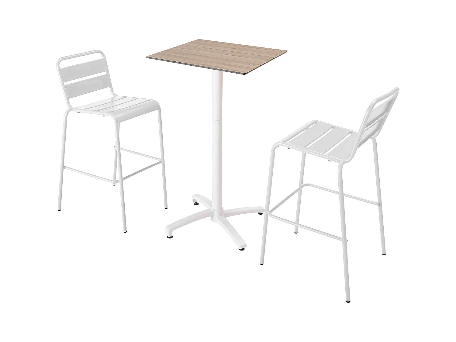 Ensemble table haute stratifié chêne clair et 2 chaises hautes blanc