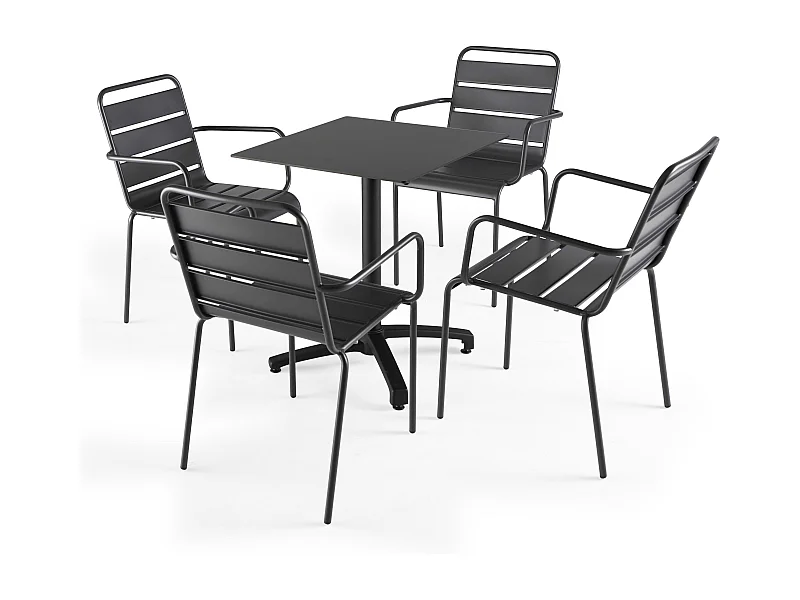 Ensemble table de terrasse stratifié noir et 4 fauteuils gris