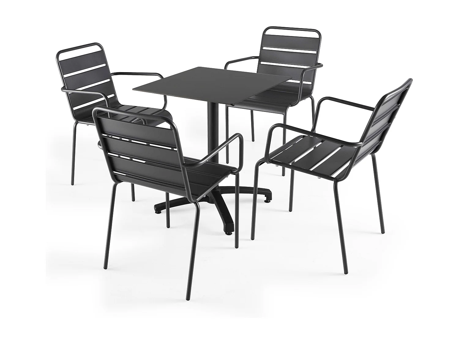 Ensemble table de terrasse stratifié noir et 4 fauteuils gris
