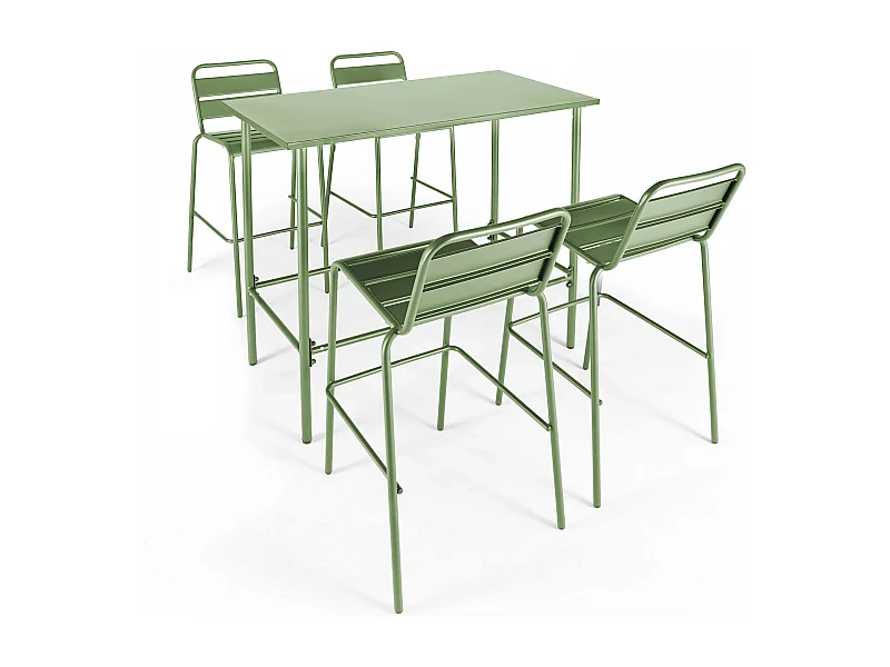 Set hoge tafel en 4 barkrukken in cactusgroen metaal