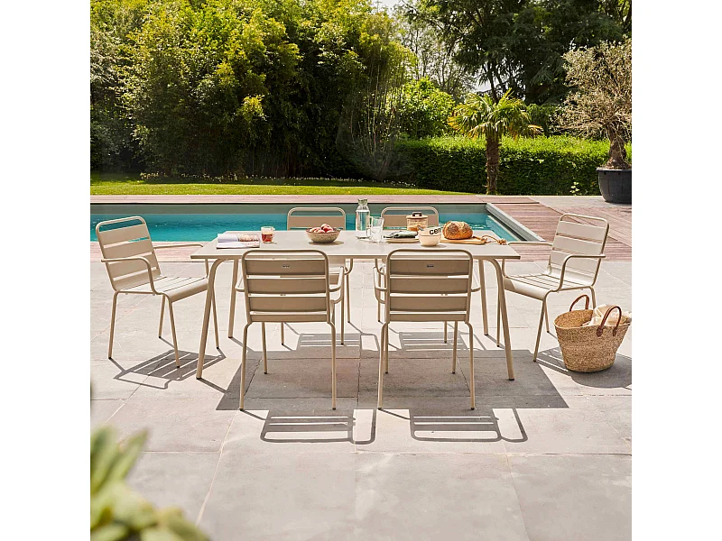 Ensemble table de jardin et 6 fauteuils en métal taupe - Palavas