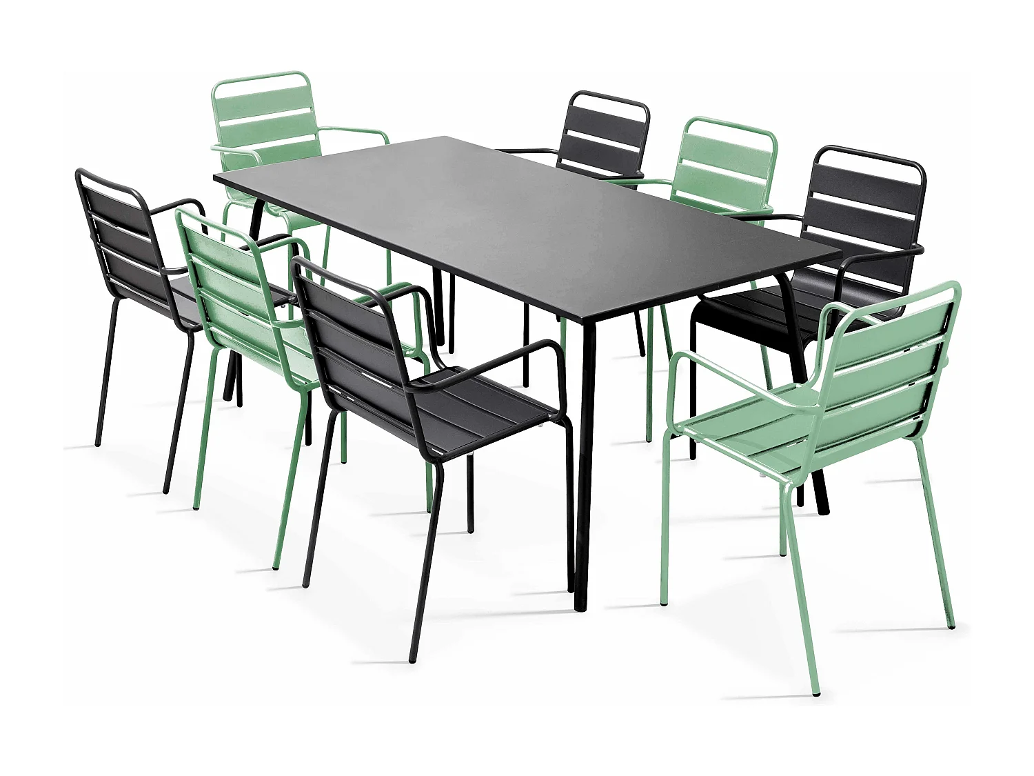 Ensemble table de jardin et 8 fauteuils en métal vert sauge et gris - Palavas