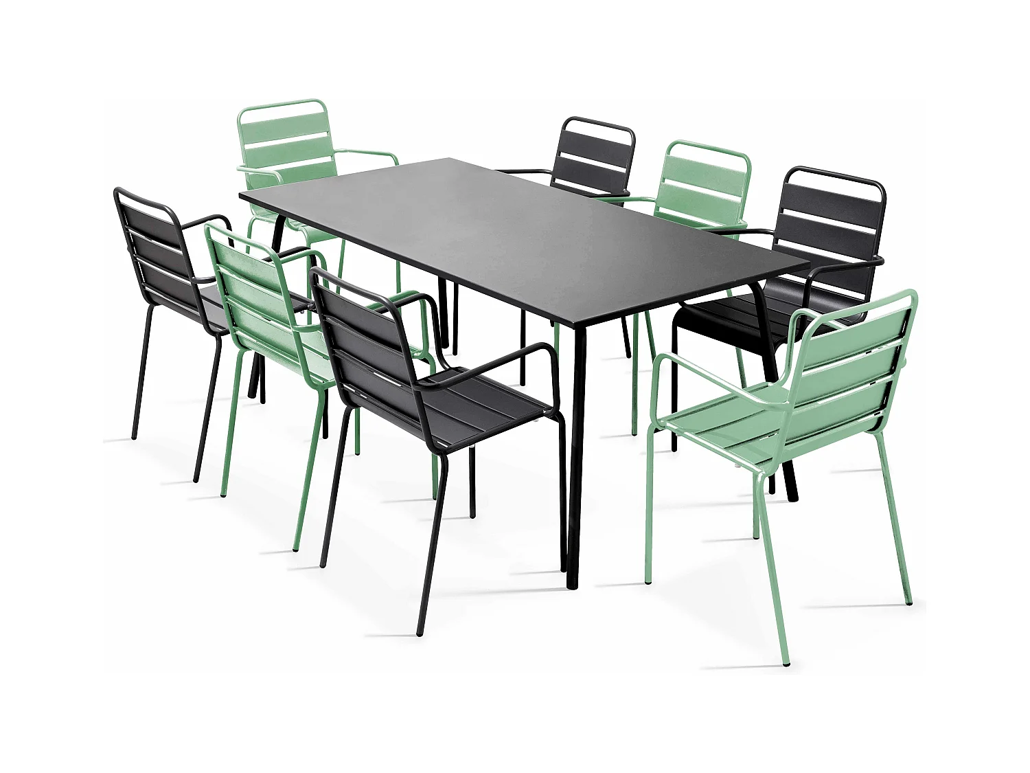 Ensemble table de jardin et 8 fauteuils en métal vert sauge et gris - Palavas