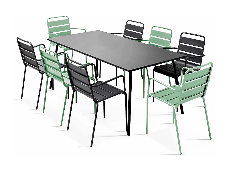 Ensemble table de jardin et 8 fauteuils en métal vert sauge et gris - Palavas