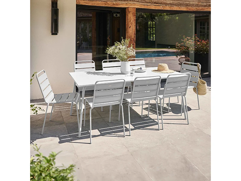 Ensemble table de jardin et 8 chaises en métal blanc - Palavas
