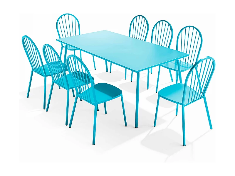 Tuinset met tafel en 8 bistrostoelen in blauw staal