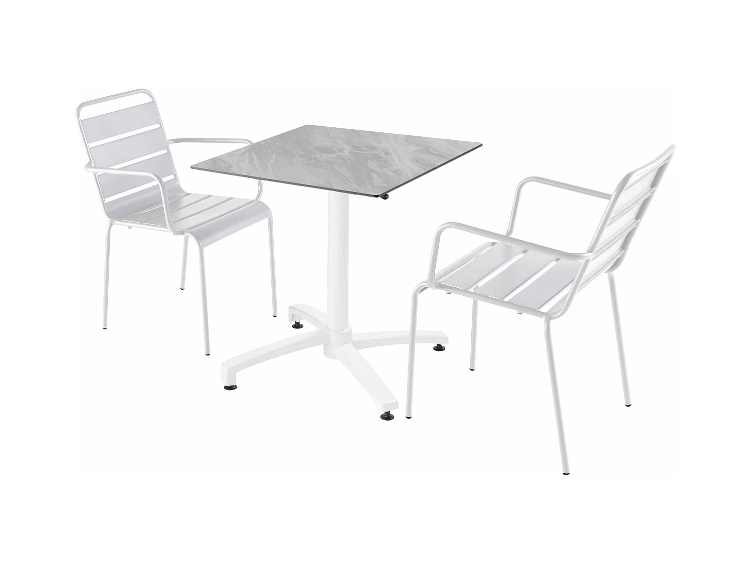 Ensemble table de terrasse stratifié marbre avec 2 fauteuils blanc