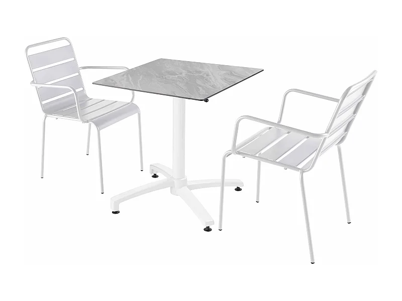 Ensemble table de terrasse stratifié marbre avec 2 fauteuils blanc