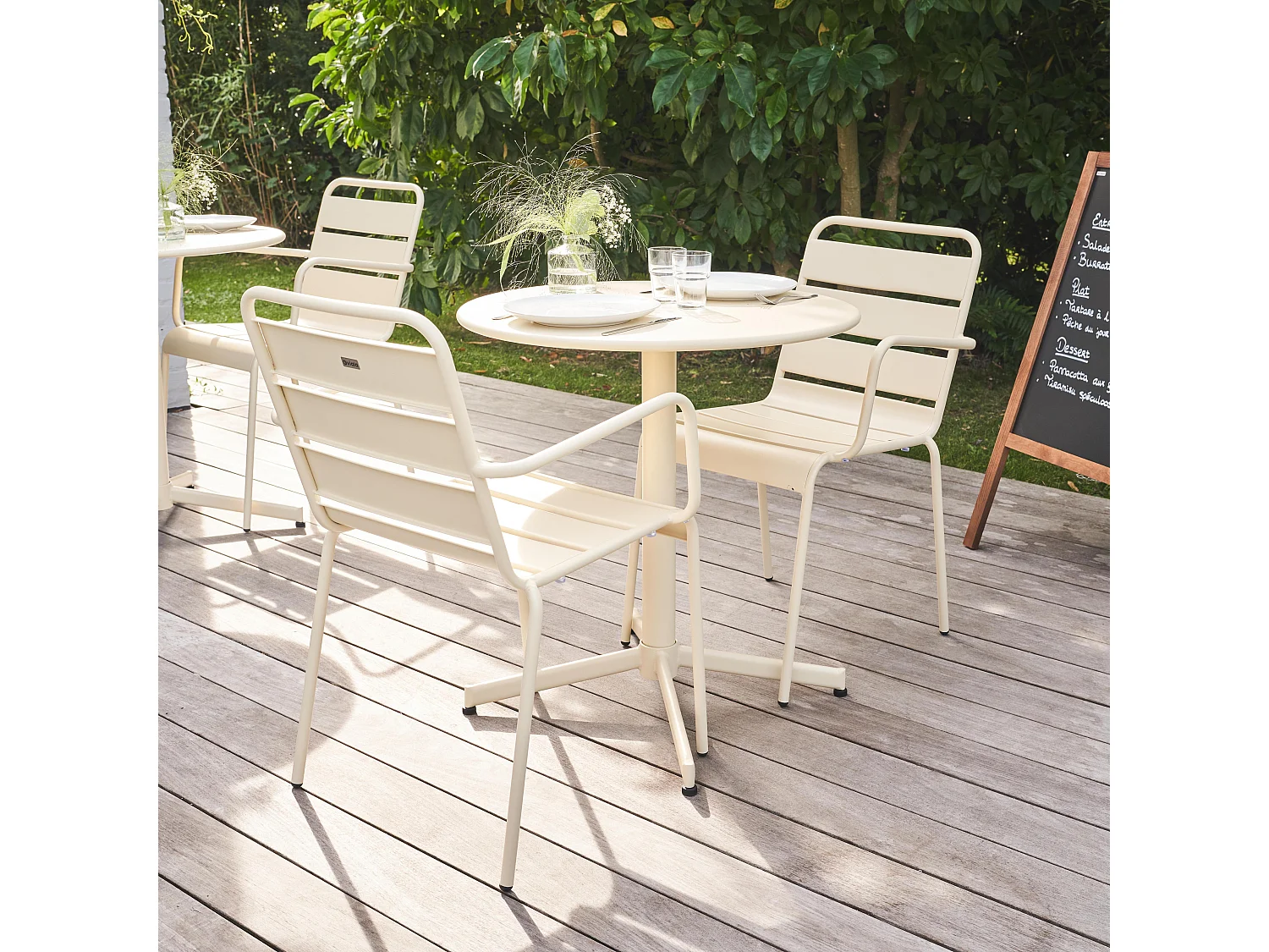 Ensemble table de jardin et 2 fauteuils métal ivoire - Palavas