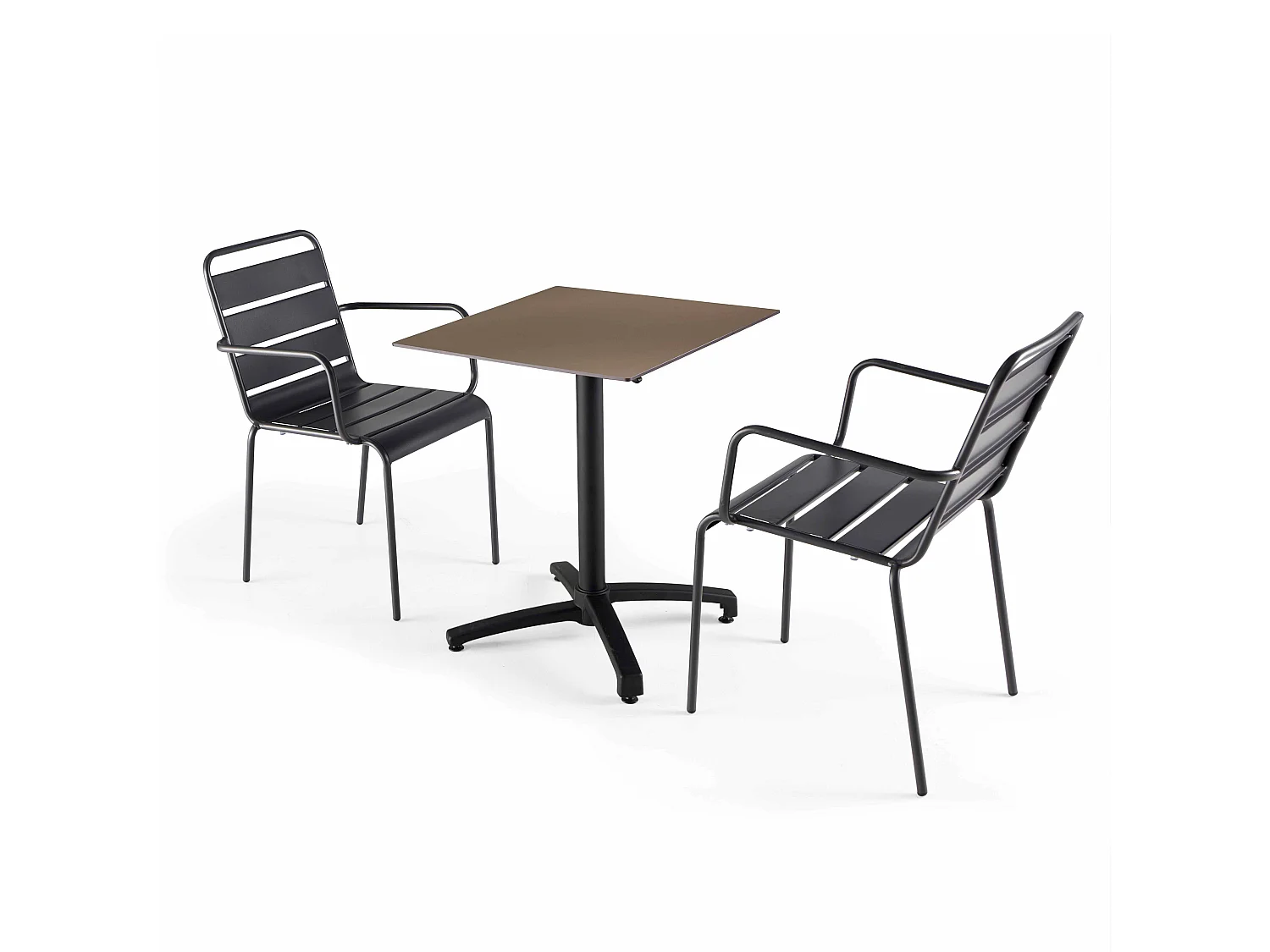 Set van een gelamineerde tuin tafel en 2 grijze fauteuils