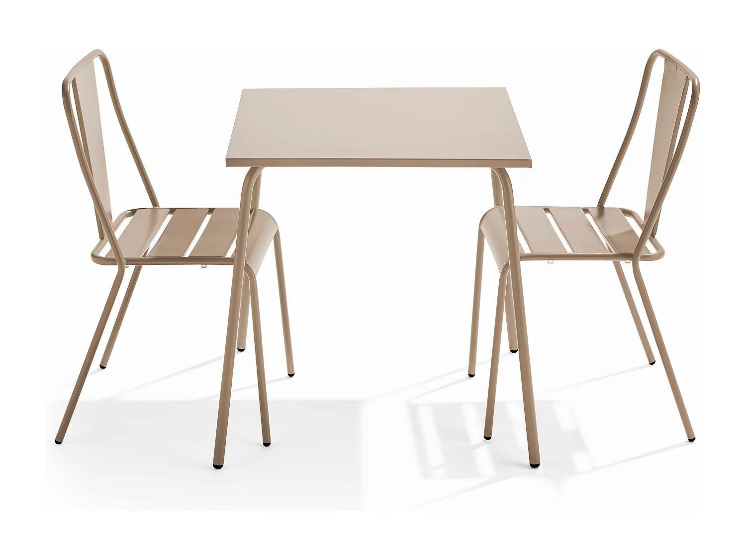 Set van een vierkante tuin tafel en 2 taupe bistro stoelen
