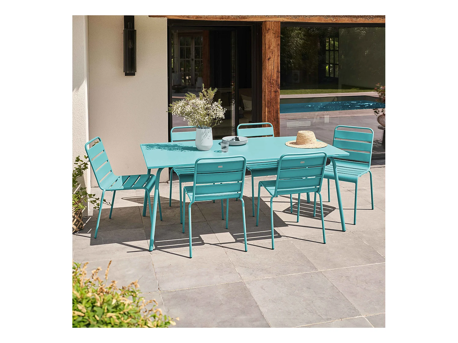 Ensemble table de jardin et 6 chaises en métal turquoise - Palavas