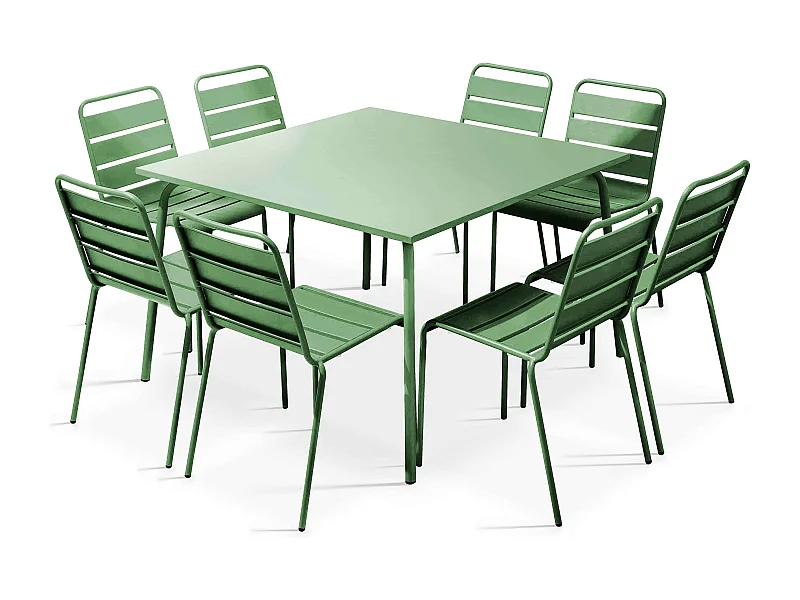 Ensemble table de jardin et 8 chaises en métal vert cactus - Palavas