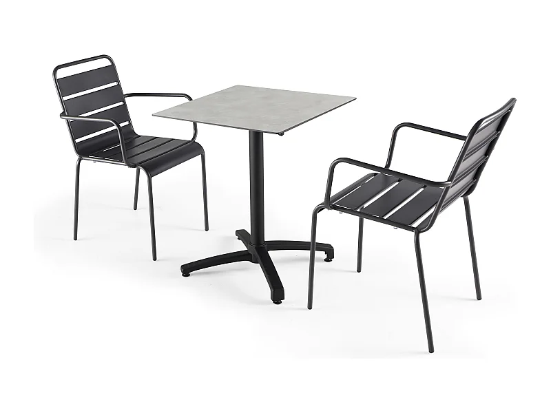 Ensemble table de terrasse stratifié beton clair et 2 fauteuils gris