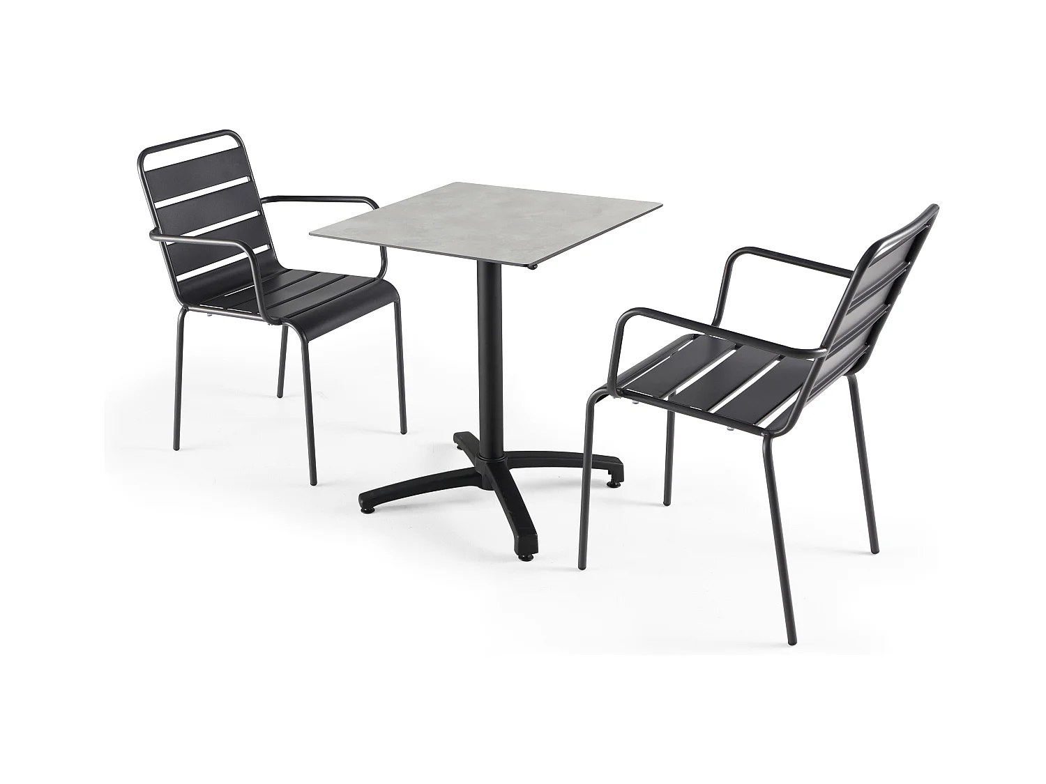 Ensemble table de jardin stratifié beton clair et 2 fauteuils gris