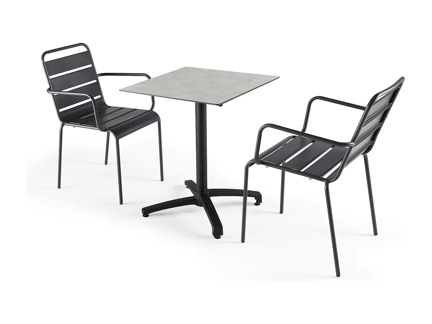 Ensemble table de terrasse stratifié beton clair et 2 fauteuils gris