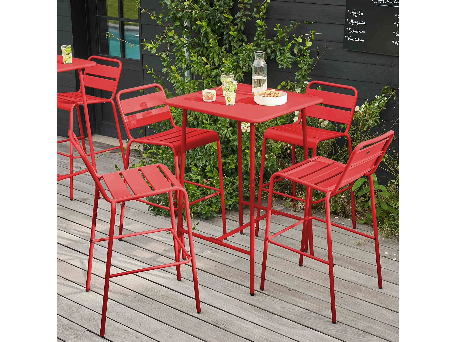 Ensemble table de bar et 4 chaises hautes en métal rouge  - Palavas