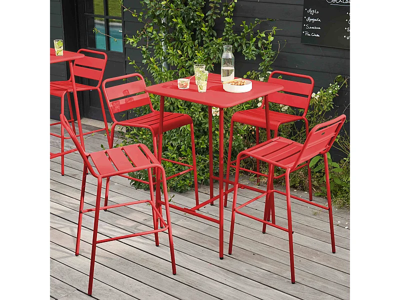 Ensemble table de bar et 4 chaises hautes en métal rouge  - Palavas