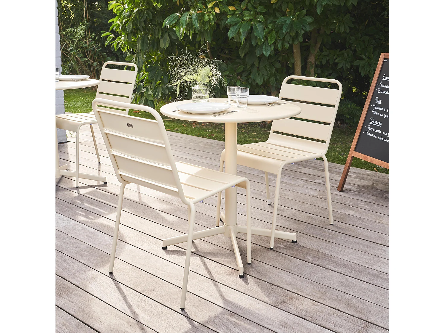 Ensemble table de jardin ronde et 2 chaises métal ivoire - Palavas