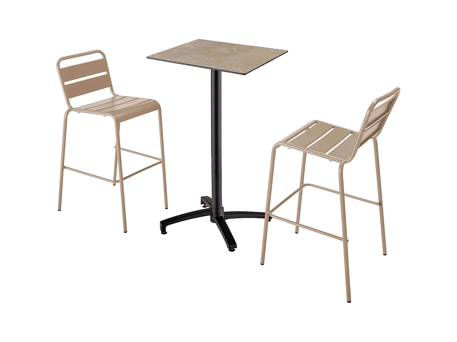 Ensemble table haute stratifié marbre beige et 2 chaises hautes taupe