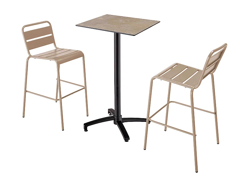 Ensemble table haute stratifié marbre beige et 2 chaises hautes taupe